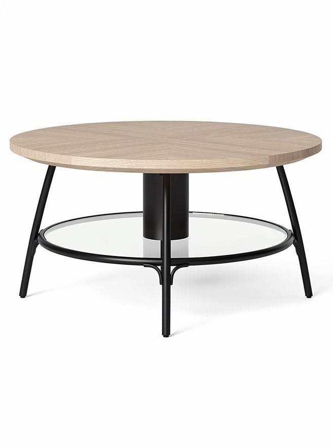 "Moderne ronde salontafel met houten blad en glazen onderste planken"