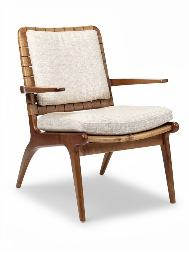 "Elegante Mid-Century Design Stoel met Houten Frame en Bekleding"
