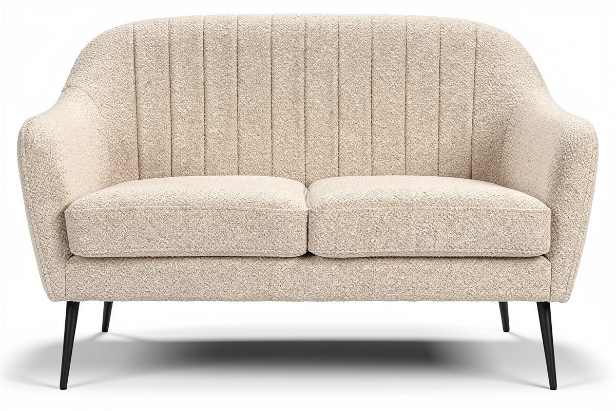 Moderne beige loveseat met gestreepte bekleding en zwarte poten