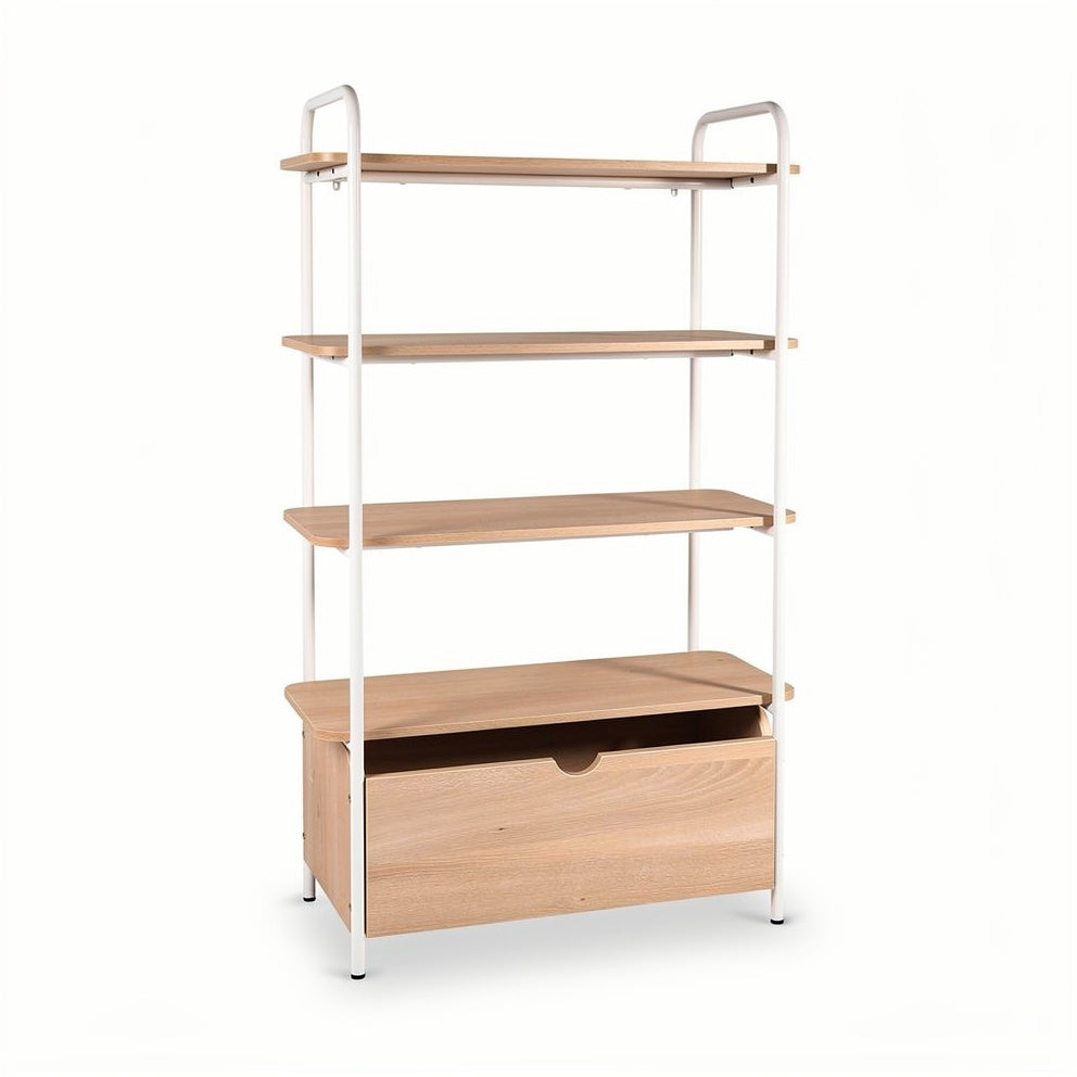 Moderne houten open kast met opberglade en metalen frame